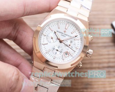 Copy Vacheron Constantin Overseas Rose Gold Case White Chronograph Dial 42MM Men Watch